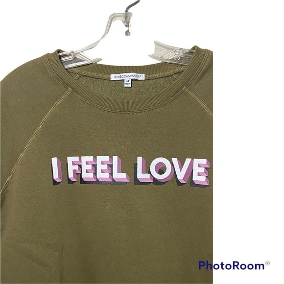 Rebecca Minkoff "I Feel Love" Sweatshirt Olive Green Cropped Women's Size M - Picture 3 of 12
